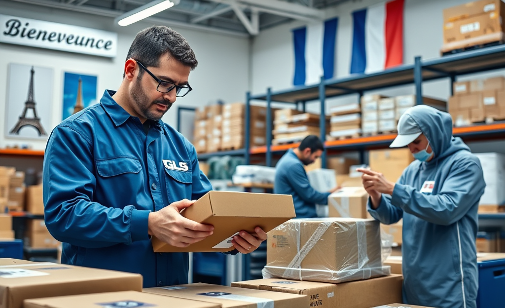 Image montrant un vérificateur et un emballeur travaillant dans un hub GLS France, vérifiant et emballant des colis pour expédition.