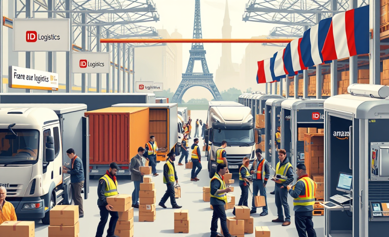 Image illustrant le dynamisme du recrutement dans le secteur de la logistique en France en 2025, avec des travailleurs et des entrepôts en arrière-plan.