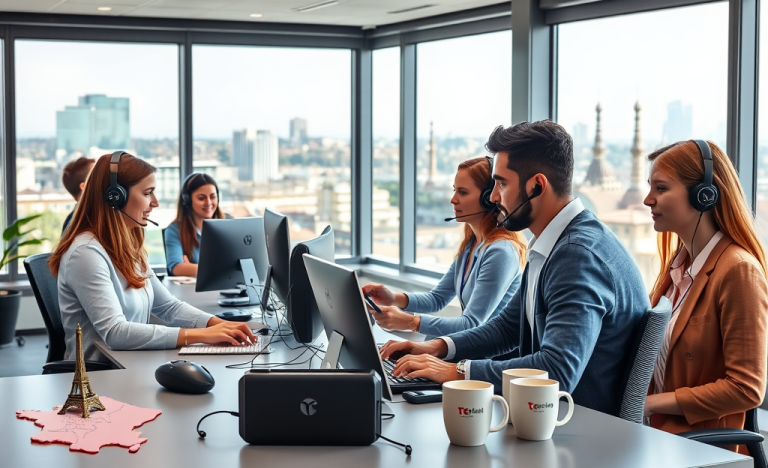 Image de professionnels discutant dans un centre de service client moderne
