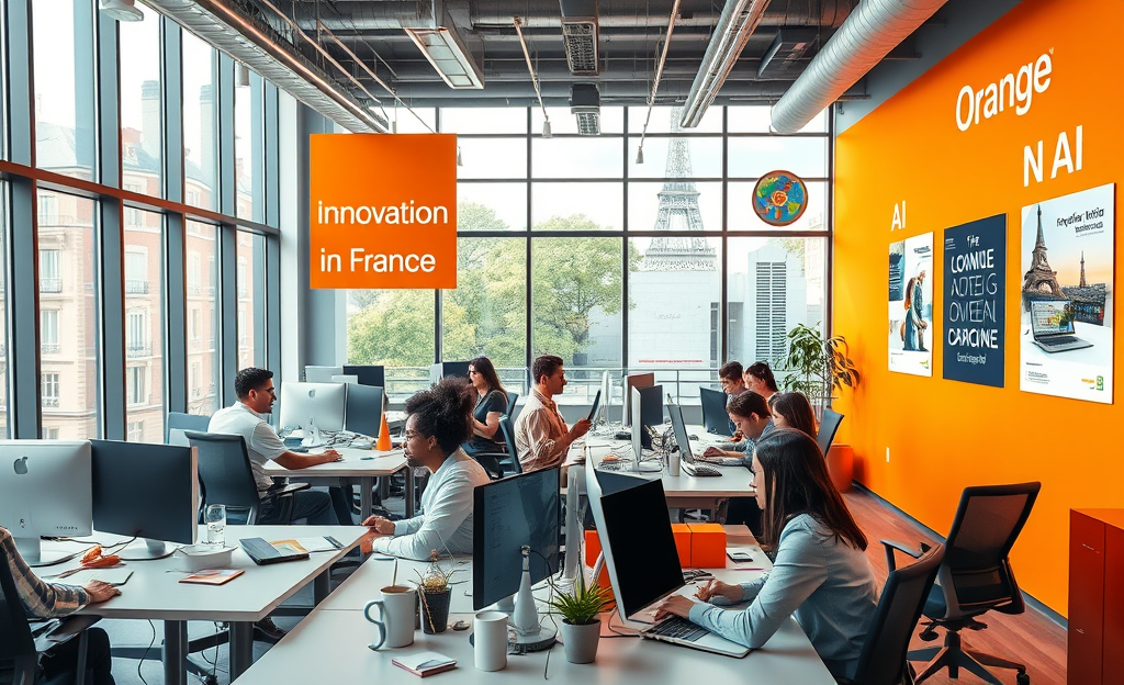 Photo illustrant les bureaux modernes et dynamiques d'Orange Télécommunications, avec des employés engagés et innovants.
