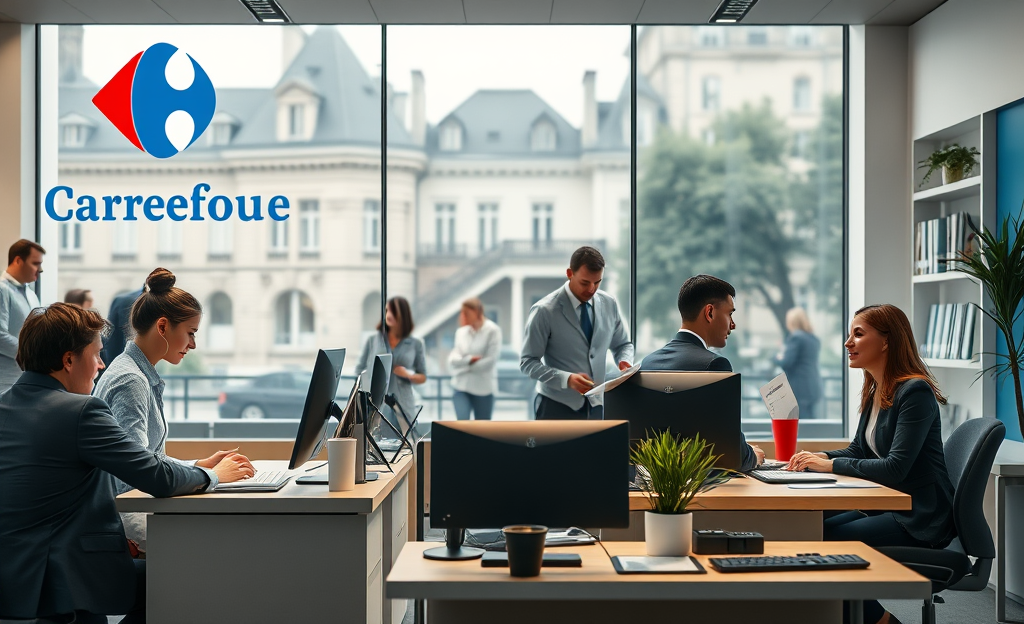 Personne travaillant dans un centre d'assistance de Carrefour Banque, aidant un client avec un sourire.